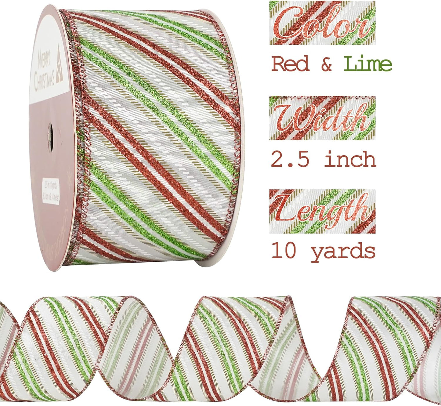MEEDEE Red and Green Diagonal Striped Ribbon 2.5 Inch White Satin with Lime Green and Red Glitter Wired Ribbon for Christmas Tree, Garlands, Wreaths, Topper Bow (10 Yards) - Crafty Corner