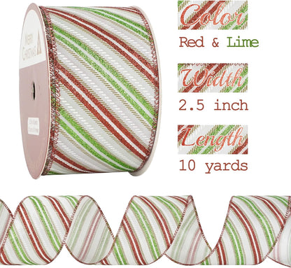 MEEDEE Red and Green Diagonal Striped Ribbon 2.5 Inch White Satin with Lime Green and Red Glitter Wired Ribbon for Christmas Tree, Garlands, Wreaths, Topper Bow (10 Yards) - Crafty Corner