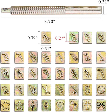 Yoption 37 Pieces Leathercarft Stamping Tool Set, 26 Letters Alphabet & 10 Patterns Stamping Tool 6mm +1 Stamping Handle for Leather Craft