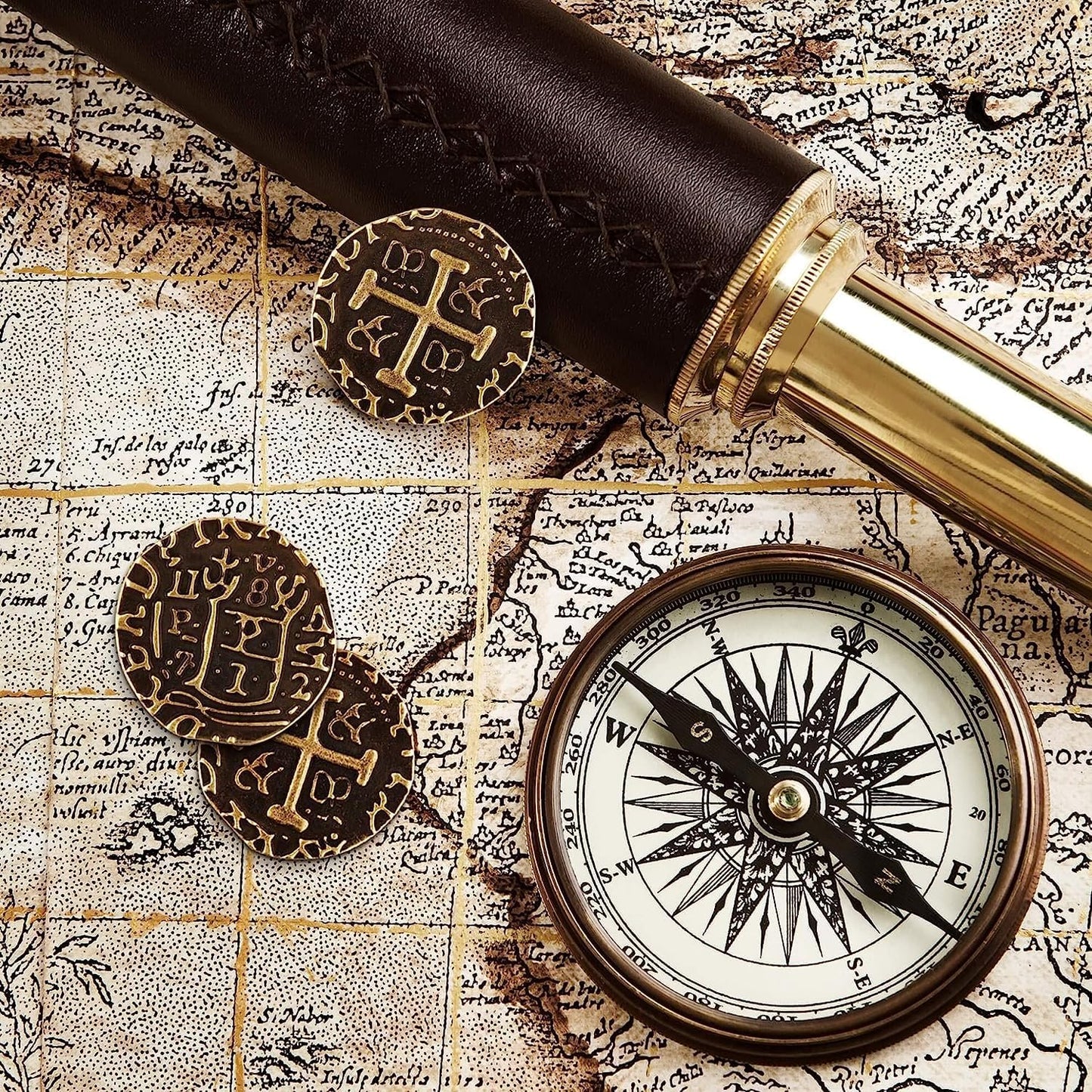Large Metal Pirate Coins - 100 Bronze Treasure Coin Set, Metal Replica Spanish Doubloons for Pirate Party Decorations & Favors, Tokens, Toys, Cosplay - Pirate Treasure Chest, Diameter 7/8"