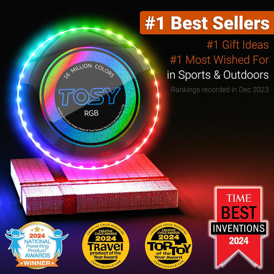 TOSY Flying Disc - 16 Million Colors RGB or 36 LEDs, Extremely Bright, Smart Modes, Camping Essentials for Teens/Kids/Adults/Men/Boys/Girls, Auto Light Up, Rechargeable, Waterproof, 175g