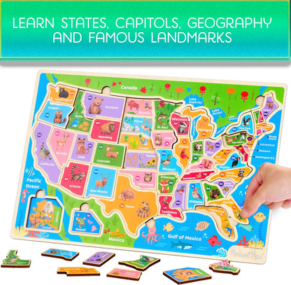 Montessori Mama USA Map Wooden Puzzle, Puzzles for Kids Ages 4-6 Educational Toys for 4 Year Old Kids Puzzles Ages 5-8 Landmarks, Animals, Capitols and States