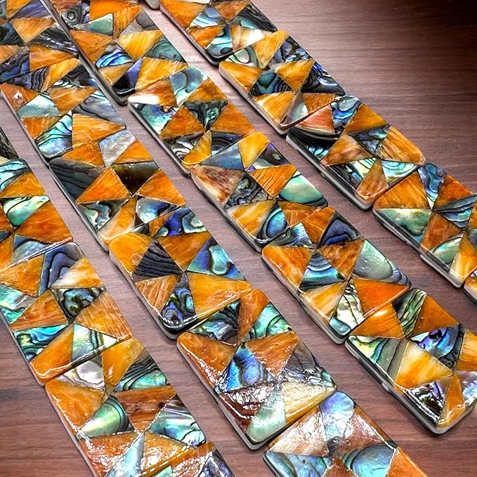 AlohaGemsUSA Spiny Oyster & Abalone Shell Beads - Native American Style (Handcrafted Triangular Mosaic Inlay Artistry with Meticulous Workmanship) Rectangle 15X20mm (Half Strand 8 Inches - 10 Beads)