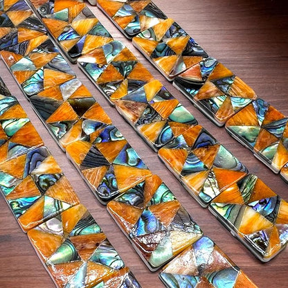 AlohaGemsUSA Spiny Oyster & Abalone Shell Beads - Native American Style (Triangular Mosaic Inlay Artistry with Meticulous Workmanship) Rectangle 15X20mm (Full Strand 16 Inches - 20 Beads)