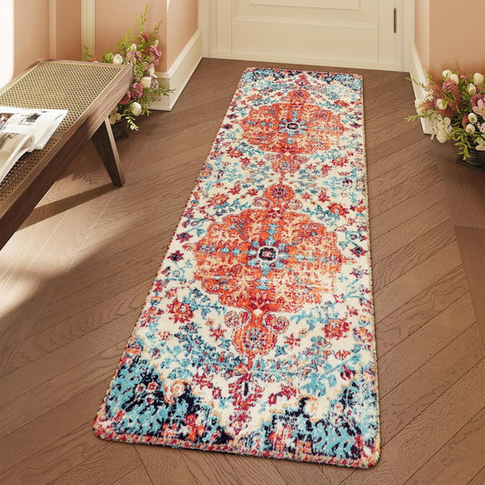 Lahome Floral Washable Kitchen Runner Rug - 2x6 Hallway Entryway Runner Rug, Oriental Medallion Distressed Non-Slip Mat, Bohemian Low-Pile Floor Carpet Runners for Bathroom Laundry Bedside, Orange