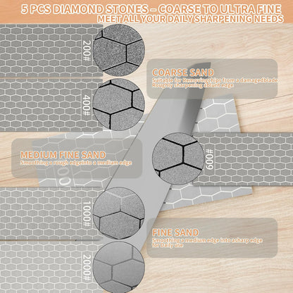 CWOVRS Diamond Sharpening Stone, 5 PCS Diamond Sharpening Plate with Honeycomb Surface Plate for Scissors Knives Outdoor Tools From Coarse to Extra Fine 200/400/600/1000/2000 Grit