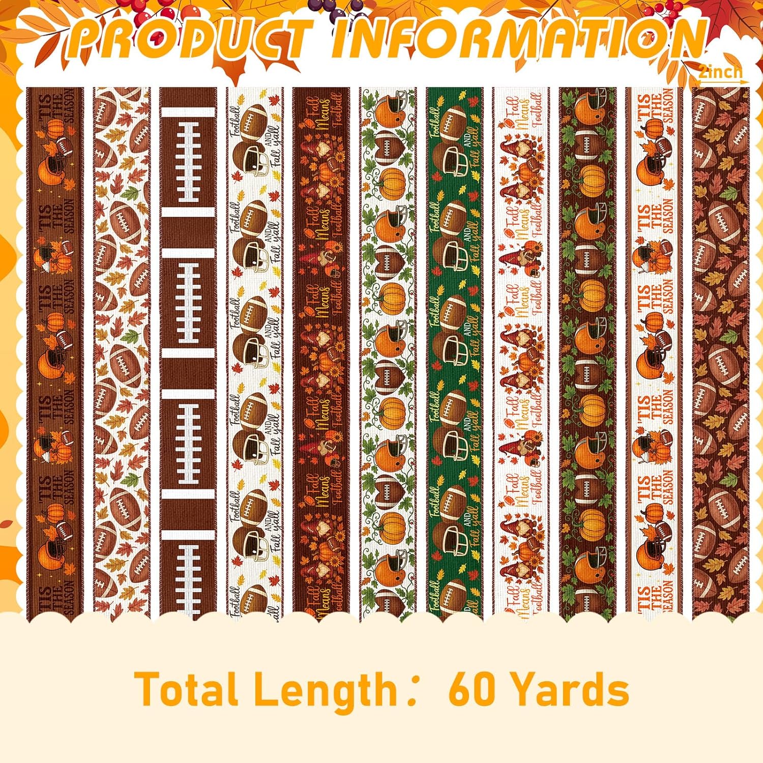 12 Rolls Fall Football Wired Edge Ribbon for Wreaths 2 Inch x 60 Yards Maple Leaves Pumpkin Football Print Ribbon Crafts for Thanksgiving Harvest Party Decorative Supplies, 12 Styles - Crafty Corner