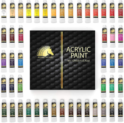 MyArtscape Acrylic Paint Set - 48 x 12ml Tubes - Lightfast - Heavy Body - Non Fading - Vibrant Colors - Artist Quality Painting Supplies - Professional Grade Paints