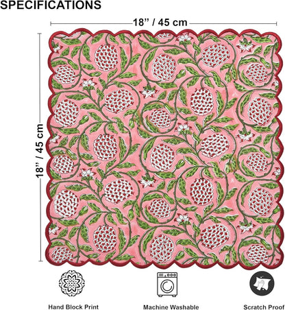Ridhi Strawberry Pink Hand Block Print Napkins 18" x 18" Set of 4 Reusable Cotton Dinner Napkins for Weddings, Parties & Everyday Dining, Thanksgiving, Christmas, Fall