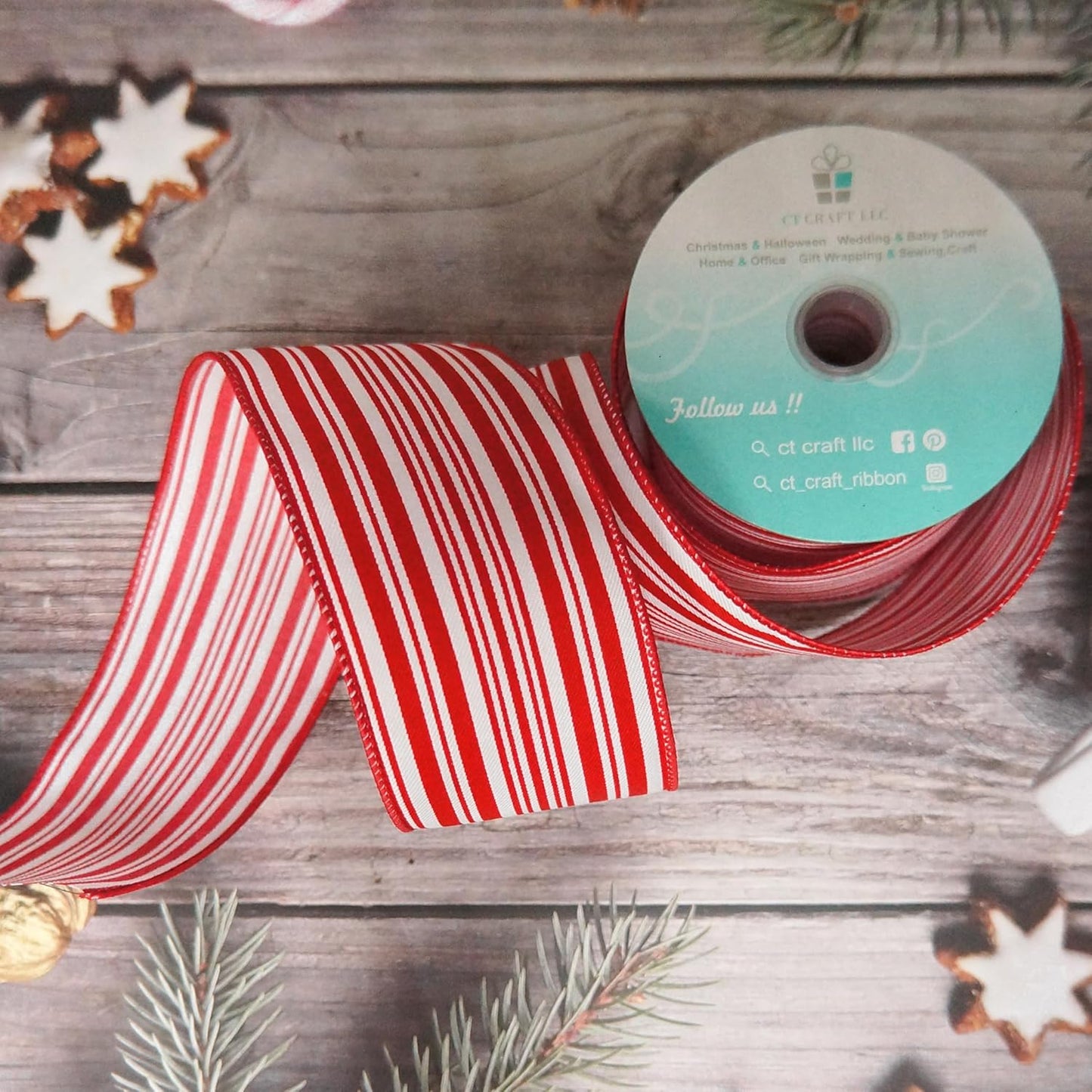 CT CRAFT LLC Red and White Stripe Wired Ribbon – 2.5" Wide x 10 Yards Long Decorative Fabric Ribbon for Crafts, Gift Wrapping, and Holiday Décor - Crafty Corner
