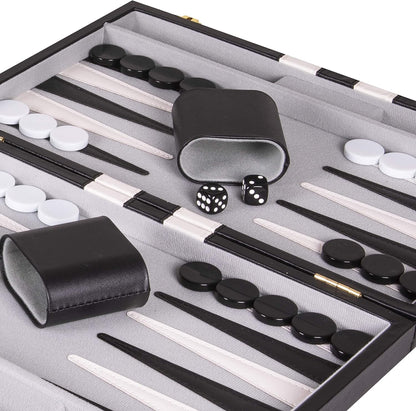 Backgammon Sets for Adults with Premium Leather Case | Classic Travel Backgammon Set for Adults and Kids with Strategy & Guide | 15 Inches | Medium | Black
