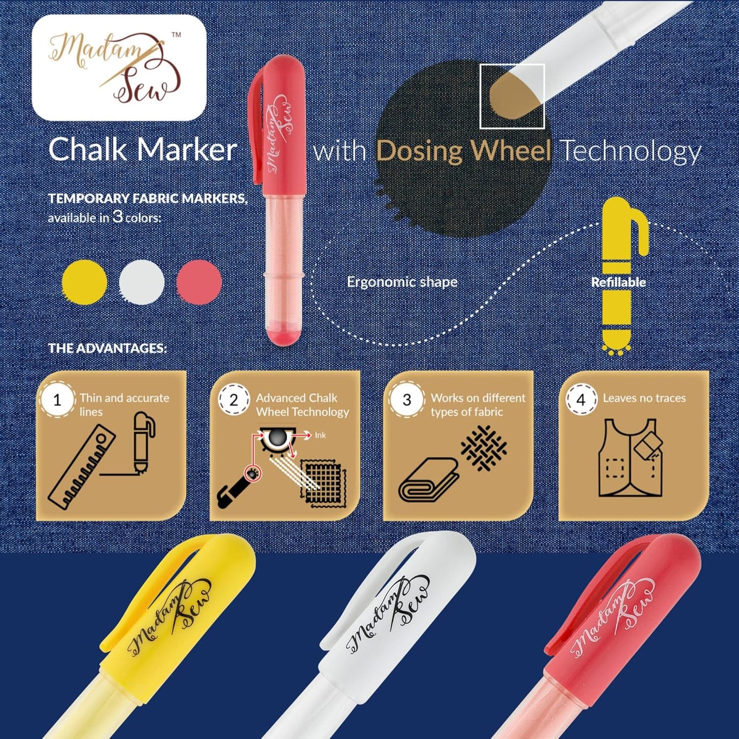 Madam Sew Fabric Chalk Markers for Sewing & Quilting | Refillable Tailors Chalk for Fabric Marking with Dosing Wheel | Ideal for Marking on Cotton, Knit, Suede (White)