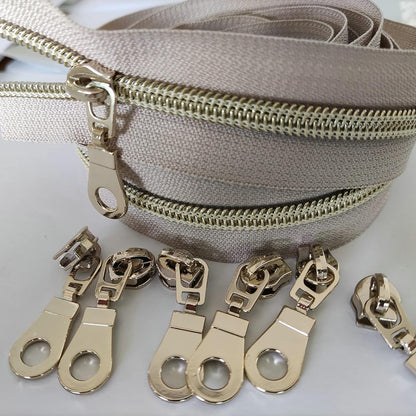 Leekayer #5 Light Gold Teeth Metallic Nylon Coil Zippers by The Yard Bulk 10 Yards Beige Tape with 25pcs Gold Sliders for DIY Sewing Tailor Craft Bag(Beige)