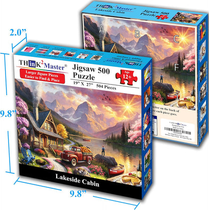 Think2Master Lakeside Mountain Retreat 500 Pieces Large Format Jigsaw Puzzle: Kids 12+, Teens, Adults & Families. Escape to a World of Tranquility and Rustic Charm. Great Gift. Size: 26.8” X 18.9”