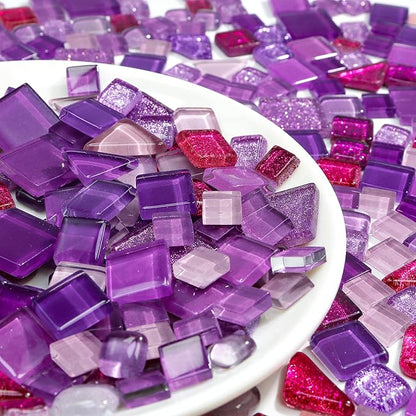 Glass Mosaic Tiles Crafts: Pre-Cut Waterproof Purple 300 Pieces for DIY Outdoor Home & Garden Art Projects - Decor Patio Stepping Stones Kits - Mother Gifts & Family Bonding Activities