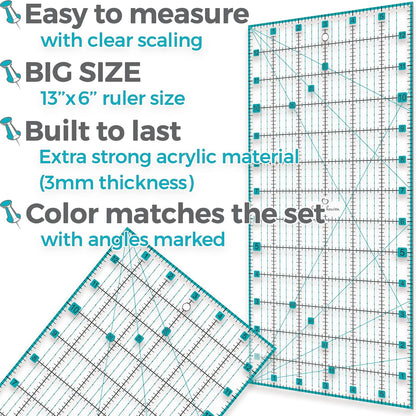 Rotary Cutter Set turquoise - Quilting Kit incl. 45mm Fabric Cutter, 5 Replacement Blades, A3 Cutting Mat, Acrylic Ruler and Craft Clips - Ideal for Crafting, Sewing, Patchworking, Crochet & Knitting