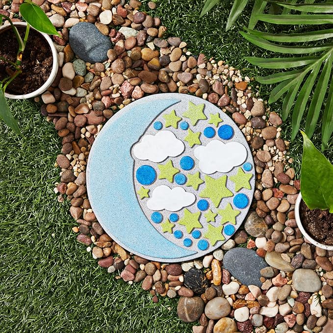 Bright Creations Stepping Stones Outdoor Paint-Your-Own Moon & Stars Kit - 10-Inch, Multicolor, 11-Piece - with Acrylic Paint & Brushes - Garden Stone Craft Kit