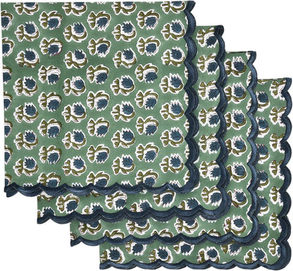 Ridhi Basil GreenHand Block Print Napkins 18" x 18" Set of 4 Reusable Cotton Dinner Napkins for Weddings, Parties & Everyday Dining, Thanksgiving, Christmas, Fall