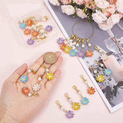 SUNNYCLUE 1 Box 30Pcs Stitch Markers Crochet Stitch Marker Daisy Flower Charms Pearl Beads Zipper Pull Clip On Removable Lobster Claw Clasp Charm Locking Knitting Markers for Weaving Sewing Quilting