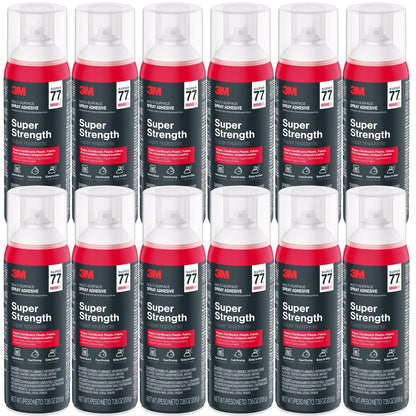 3M Super 77 Multipurpose Spray Adhesive, 7.35 oz Cans, Pack of 12 – Bulk High-Strength Spray Glue for Foam, Fabric, Plastic, Paper, Cardboard, Metal & More
