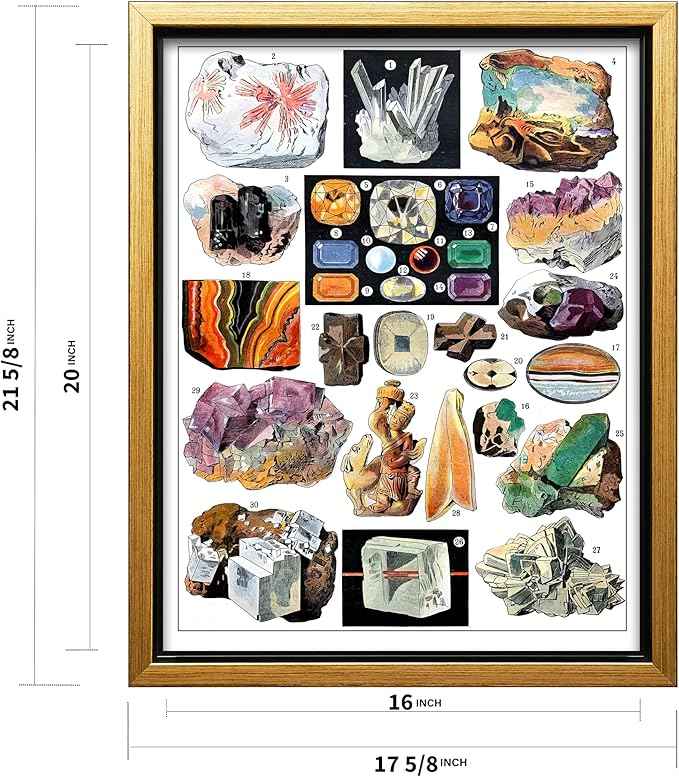 Poster Master Vintage Geology Canvas - Retro Crystals Print - Minerals & Large Rocks Art - Gift for Student & Teacher - Great Wall Decor for Classroom or Library - 16x20 Gold Framed Canvas