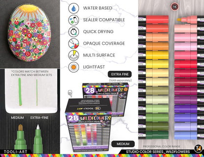 28 Wildflower Colors Acrylic Paint Pens Studio Color Series Markers Set 3mm Medium Tip, Rock Painting, Glass, Mugs, Wood, Metal, Canvas, DIY Projects, Detailing. Non Toxic, Waterbased, Quick Drying