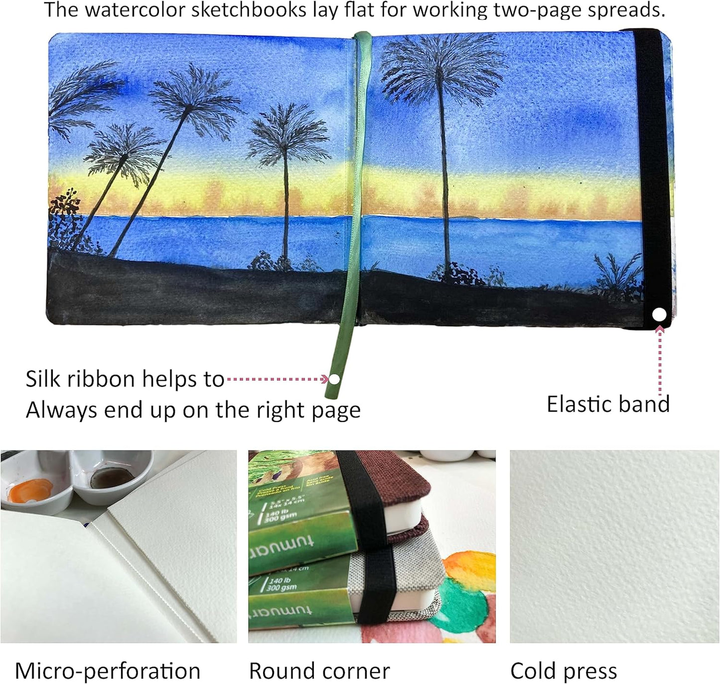 tumuarta Watercolor Journal,140 LB, 300 GSM, Cotton Paper, Cold Press, 24 Sheets, 48 Pages, Watercolor Paper Sketchbooks for Use As Travel Notebook and Mixed Media Pad(Blue,5.5x5.5)