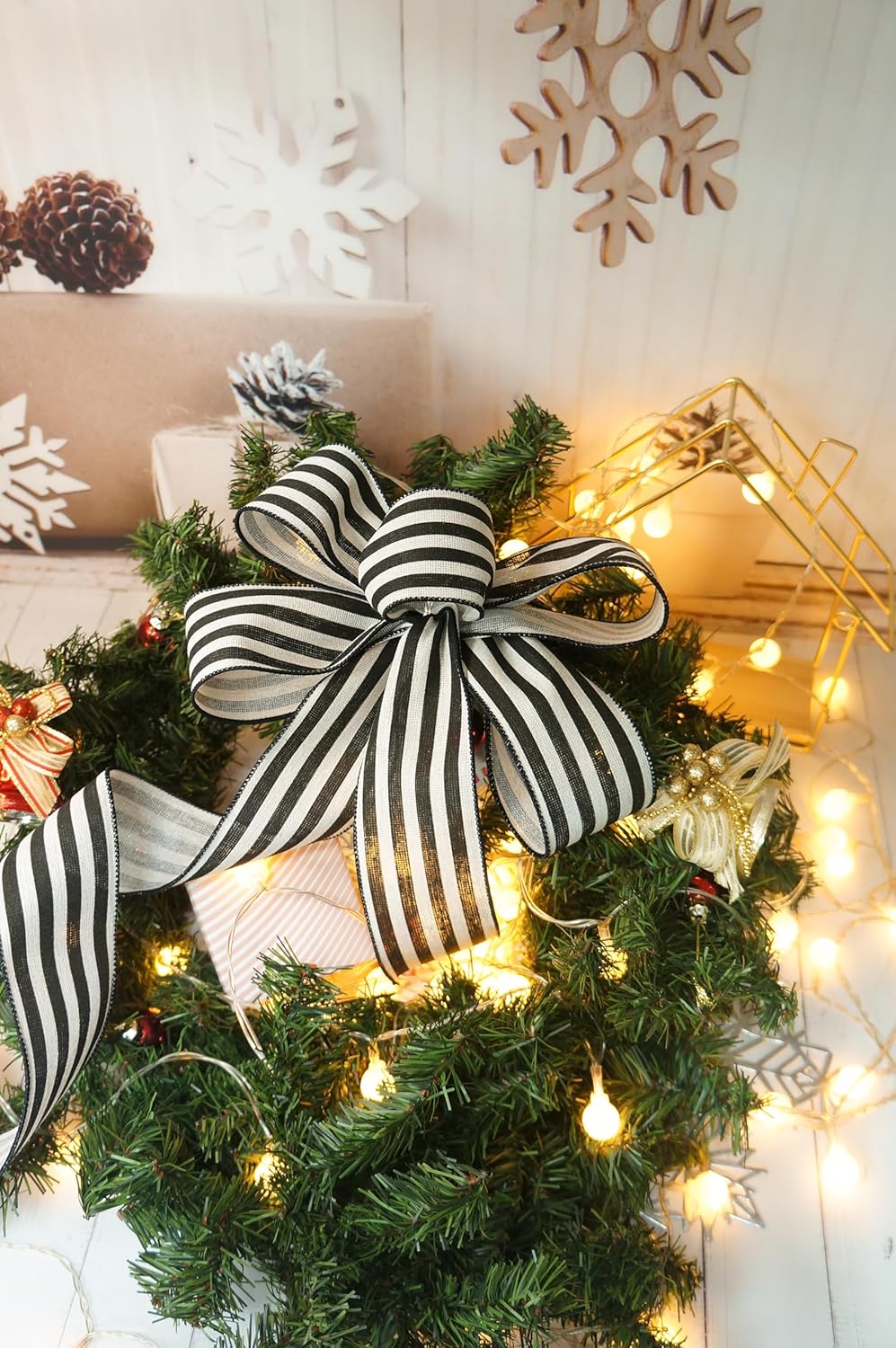CT CRAFT LLC Striped Canvas Cotton Ribbon 4" x 10 Yards Ivory/Black Stripes for Thanksgiving Christmas Home Décor Gift Wrapping Outdoor Tree Topper Bow Wreath - Crafty Corner