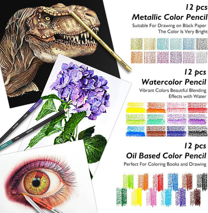 Caliart 176PCS Art Supplies Sketching Kit with 100 Sheets 3-Color Sketch Book, Graphite Colored Charcoal Watercolor & Metallic Pencils, Drawing Set Christmas Gifts for Adults Teens Girls Boys Kids