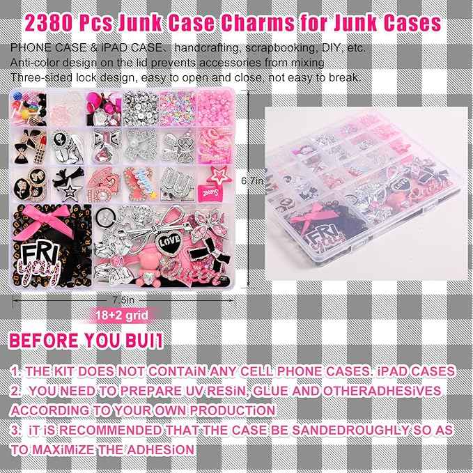 EIiovcnya 2380 Pcs Junk Phone Case Charms Kit, Charms for Customizing DIY Cases, with Nail Accessories, Cute Bow, Star, Candy, Letter Beads, Flatback Aesthetic Big Decor Valentine's Day Gift