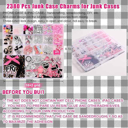 EIiovcnya 2380 Pcs Junk Phone Case Charms Kit, Charms for Customizing DIY Cases, with Nail Accessories, Cute Bow, Star, Candy, Letter Beads, Flatback Aesthetic Big Decor Valentine's Day Gift