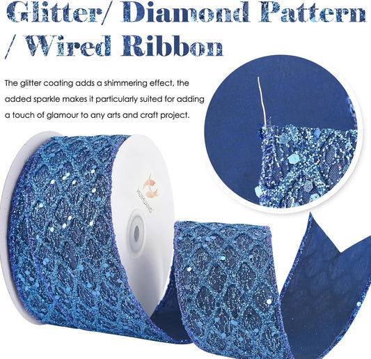 HUIHUANG Navy Blue Wired Ribbon 2.5 inch Glitter Diamond Mesh Wire Edge Ribbon for Christmas Tree, Wreaths, Garland, Gift Wrapping, Bows Making, Holiday Decor -10 Yards - Crafty Corner