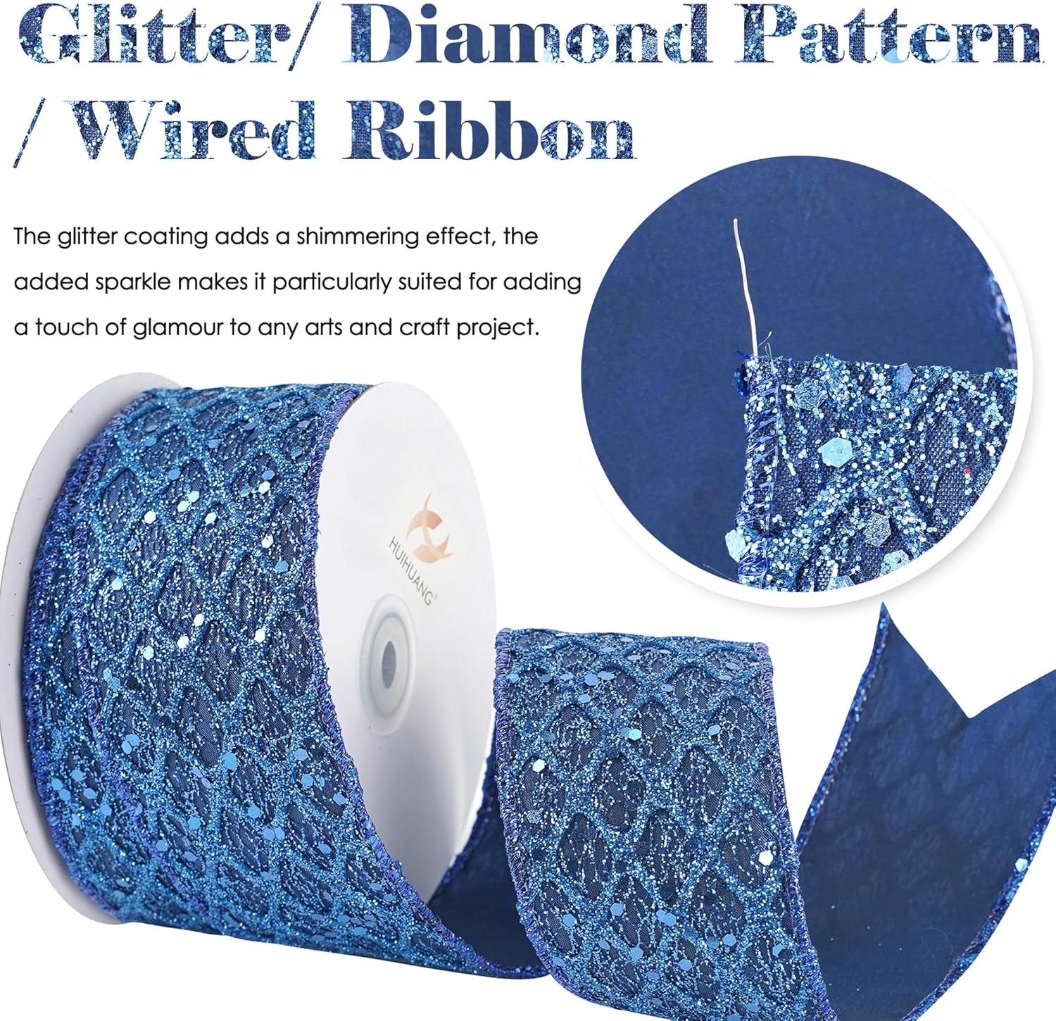 HUIHUANG Navy Blue Wired Ribbon 2.5 inch Glitter Diamond Mesh Wire Edge Ribbon for Christmas Tree, Wreaths, Garland, Gift Wrapping, Bows Making, Holiday Decor -10 Yards - Crafty Corner