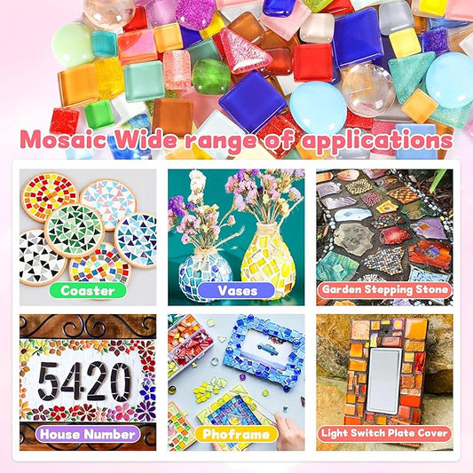 Glass Mosaic Tiles Crafts: 300 Pieces Bulk DIY Kit for Adults with Pre-Cut Mixed Shapes and Iridescent Crystals for Art Home Decor Garden Stepping Stones and Coasters