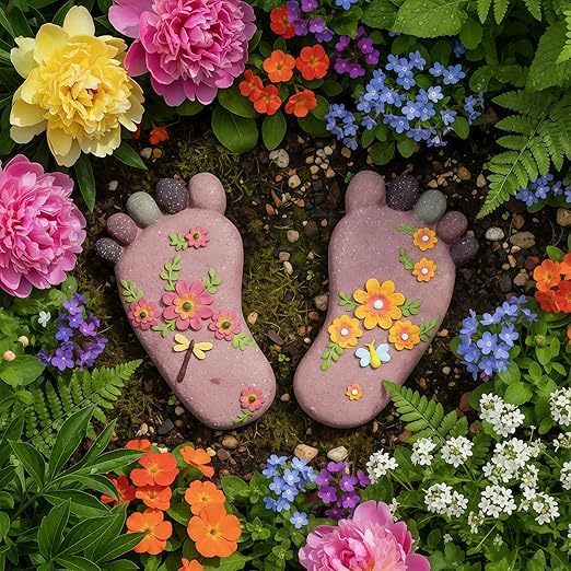 Stepping Stones - Light Brown Resin Footprint Shaped Set of 2 for Patio, Deck, Garden or Sidewalk