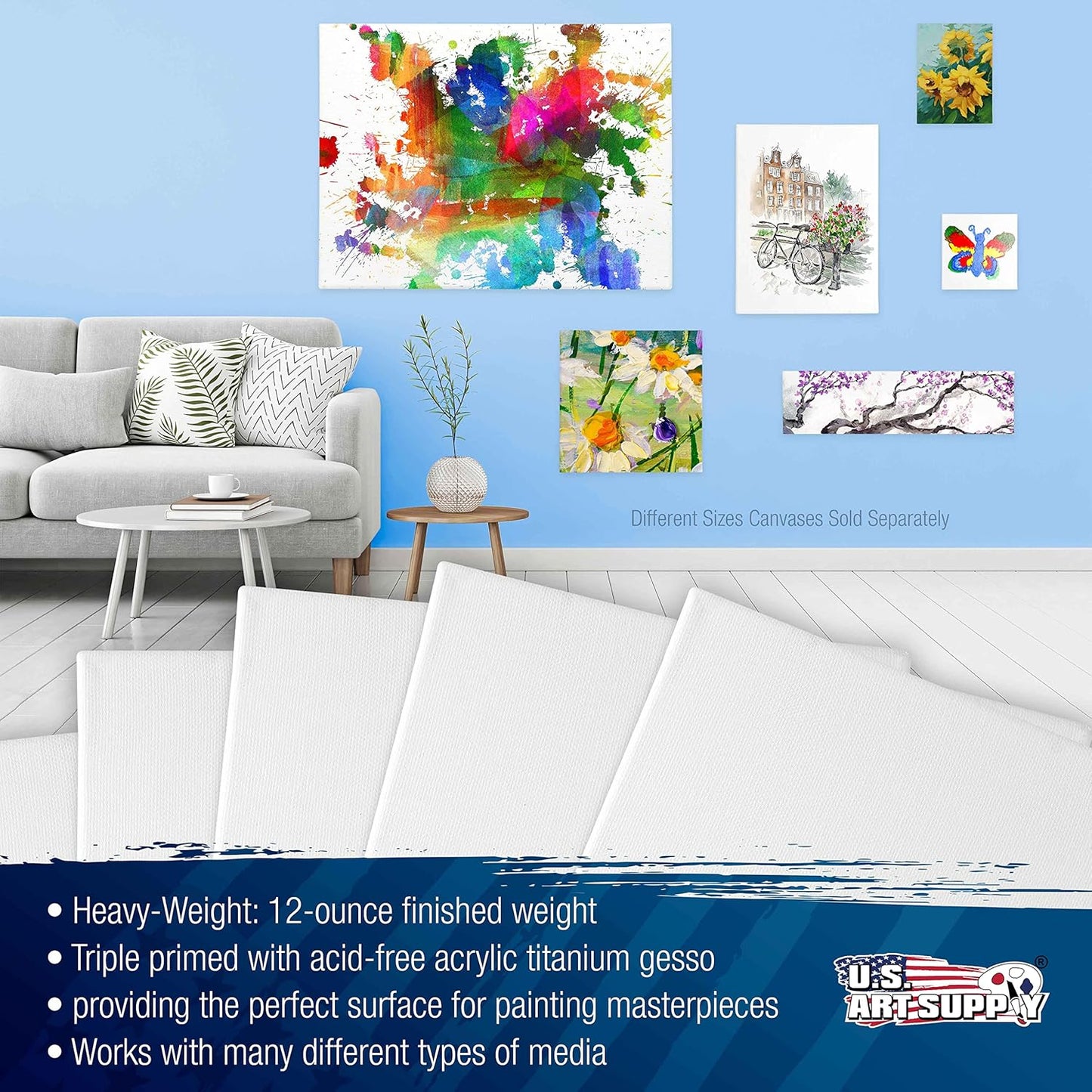 U.S. Art Supply 10 x 10 inch Stretched Canvas for Painting, 12oz Triple Primed, 6-Pack - Professional Artist Quality White Blank 3/4" Profile, 100% Cotton, Heavy-Weight Gesso - Acrylic Pouring, Oil