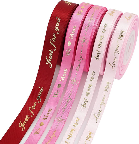 MEEDEE Pink Ribbon for Gift Wrapping Thank You Just for You Ribbon Mothers Day Gift Box Double Face Satin Assortment Thin Pink Satin Fabric, 5 Rolls 10 Yards Each Total 50 Yards - Crafty Corner