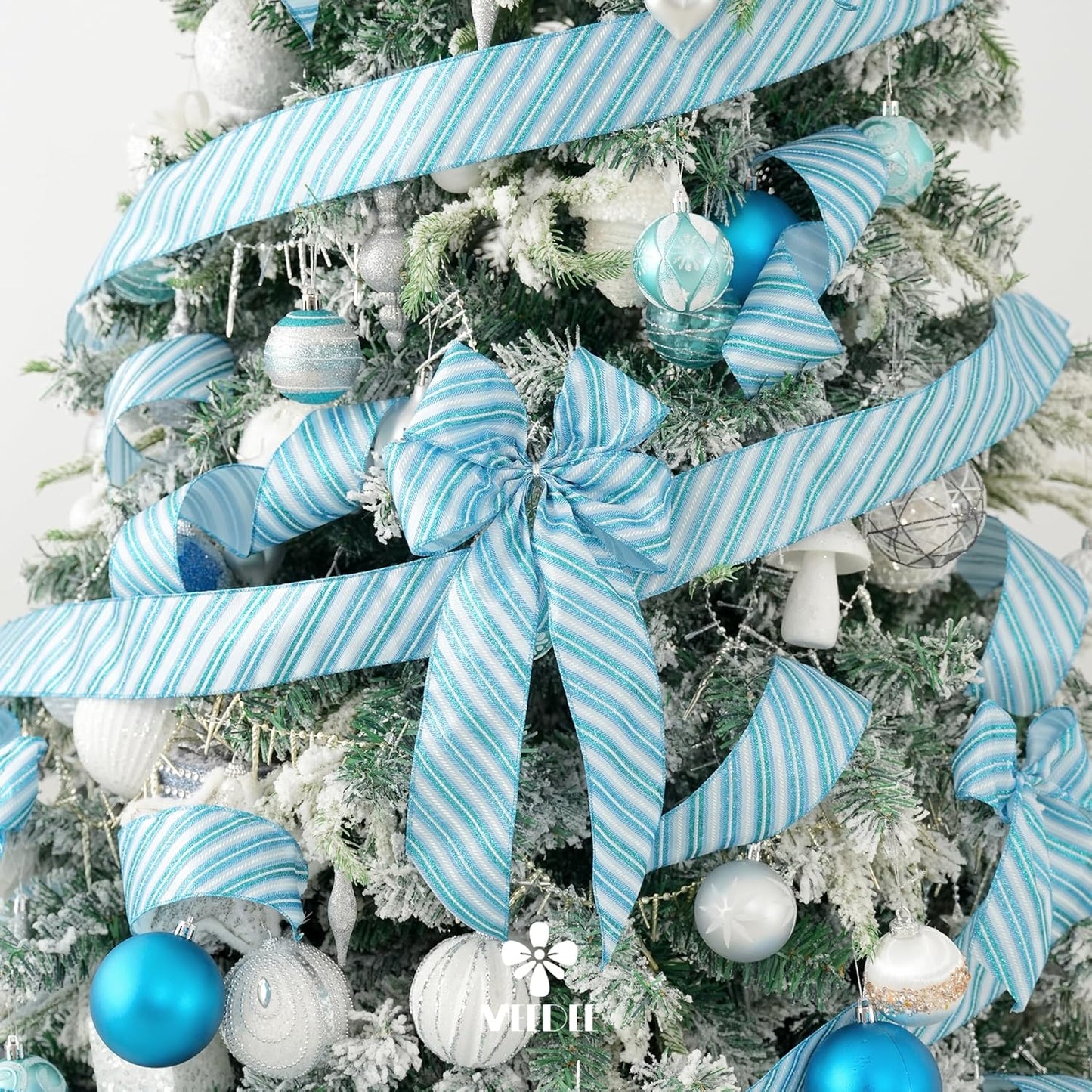 MEEDEE Blue Diagonal Stripe Ribbon 2.5 Inch Blue Satin with Turquoise and Teal Glitter Wired Ribbon for Wreath Bow, Topper Bow, Tree, Garlands (10 Yards) - Crafty Corner