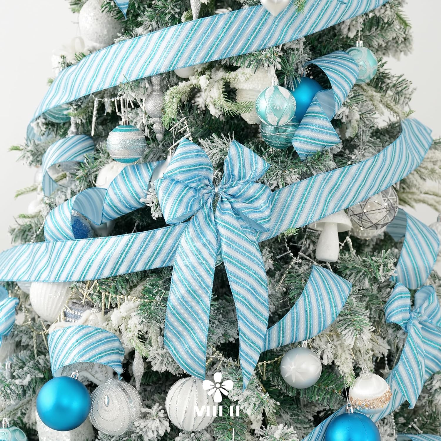 MEEDEE Blue Diagonal Stripe Ribbon 2.5 Inch Blue Satin with Turquoise and Teal Glitter Wired Ribbon for Wreath Bow, Topper Bow, Tree, Garlands (10 Yards) - Crafty Corner