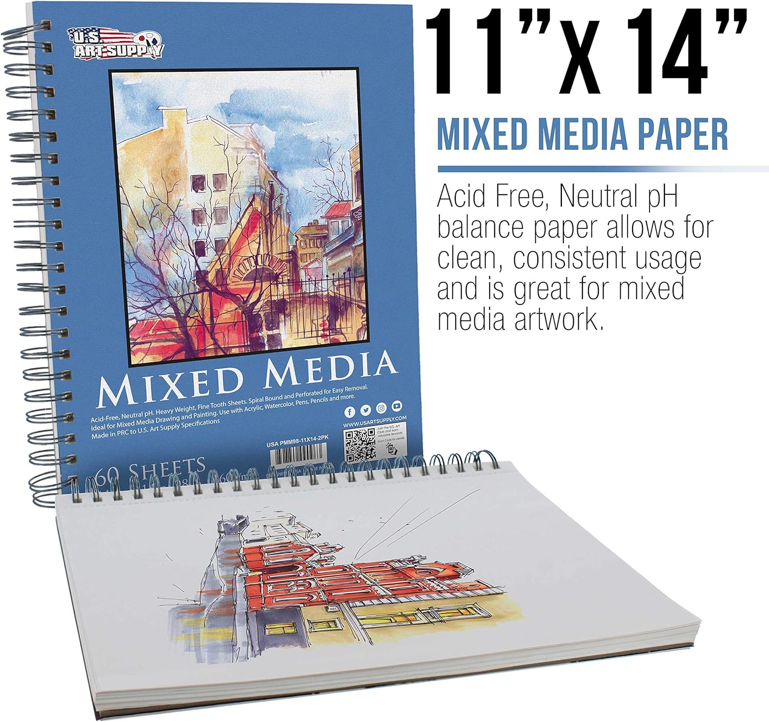 U.S. Art Supply 11"x14" Mixed Media Sketchbook, 2 Pack (60 Sheets), 98 lb (160 GSM) - Spiral-Bound Pad with Perforated Acid-Free Paper - Artist Sketch Book for Drawing, Painting, Watercolor - Crafty Corner