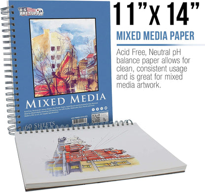 U.S. Art Supply 11"x14" Mixed Media Sketchbook, 2 Pack (60 Sheets), 98 lb (160 GSM) - Spiral-Bound Pad with Perforated Acid-Free Paper - Artist Sketch Book for Drawing, Painting, Watercolor - Crafty Corner