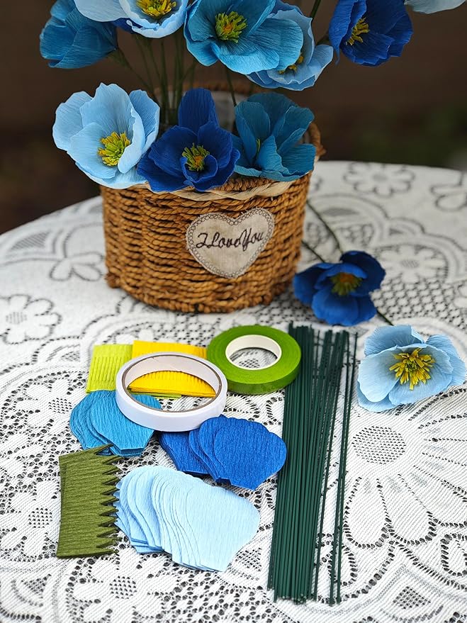 Blue Crepe Paper Poppy Flower DIY Making Kit 24 pcs Easy-to-Make Handcraft Supplies for Beginners & Artisans