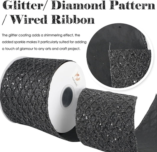 HUIHUANG Black Glitter Wired Ribbon 4 inch Black Christmas Tree Ribbon Diamond Mesh Wire Ribbon for Tree Decorations, Wreaths, Garland, Large Bows Making, Halloween Decor -10 Yards - Crafty Corner
