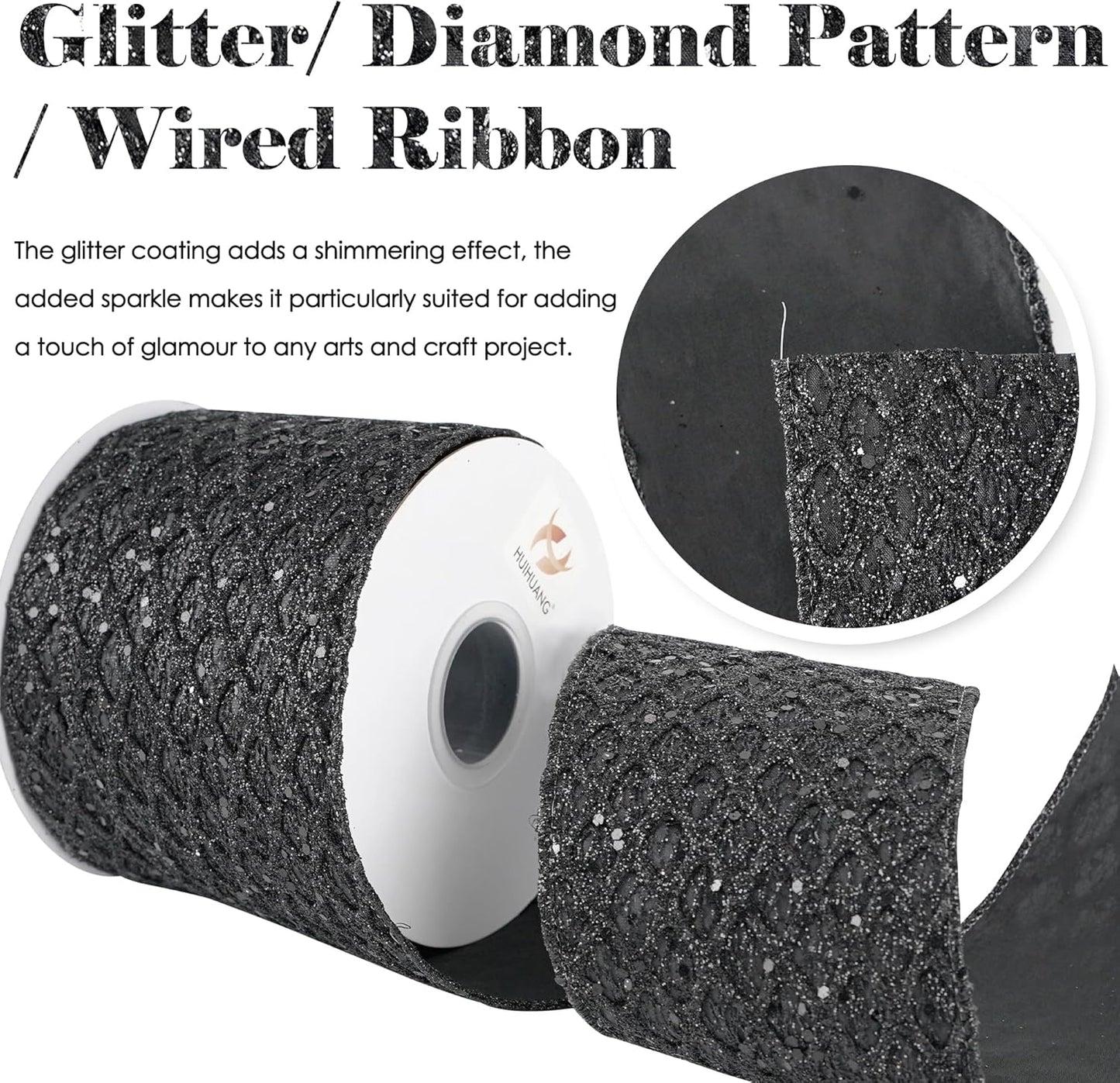 HUIHUANG Black Glitter Wired Ribbon 4 inch Black Christmas Tree Ribbon Diamond Mesh Wire Ribbon for Tree Decorations, Wreaths, Garland, Large Bows Making, Halloween Decor -10 Yards - Crafty Corner