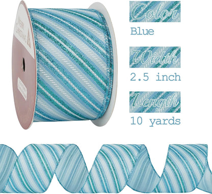 MEEDEE Blue Diagonal Stripe Ribbon 2.5 Inch Blue Satin with Turquoise and Teal Glitter Wired Ribbon for Wreath Bow, Topper Bow, Tree, Garlands (10 Yards) - Crafty Corner