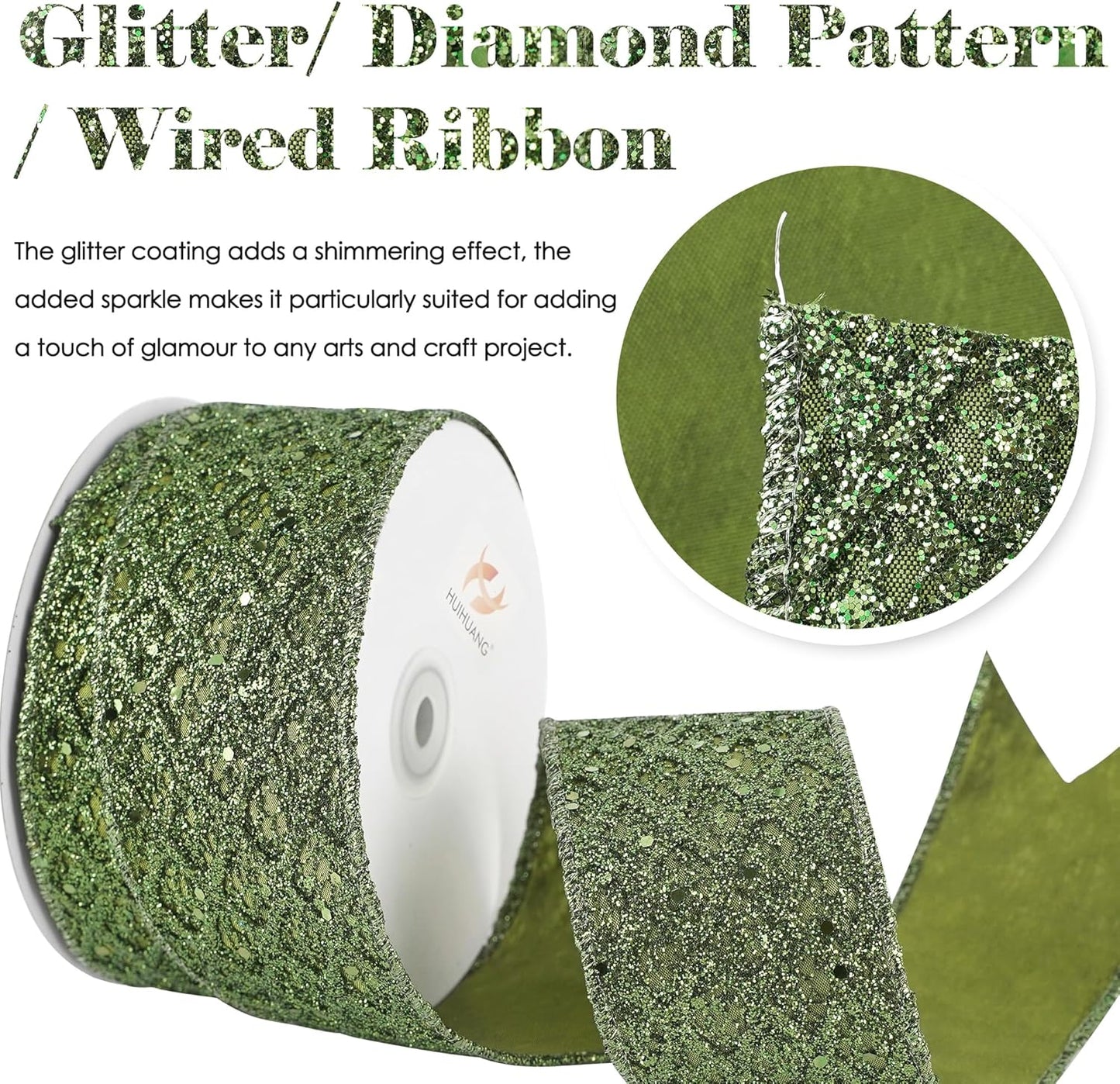 HUIHUANG Moss Green Wired Ribbon for Christmas Tree 2.5 inch Glitter Moss Diamond Mesh Ribbon for Tree Decoration, Wreaths, Garland, Gift Wrapping, Bows Making, Thanksgiving Decor -10 Yards - Crafty Corner