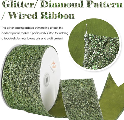 HUIHUANG Moss Green Wired Ribbon for Christmas Tree 2.5 inch Glitter Moss Diamond Mesh Ribbon for Tree Decoration, Wreaths, Garland, Gift Wrapping, Bows Making, Thanksgiving Decor -10 Yards - Crafty Corner