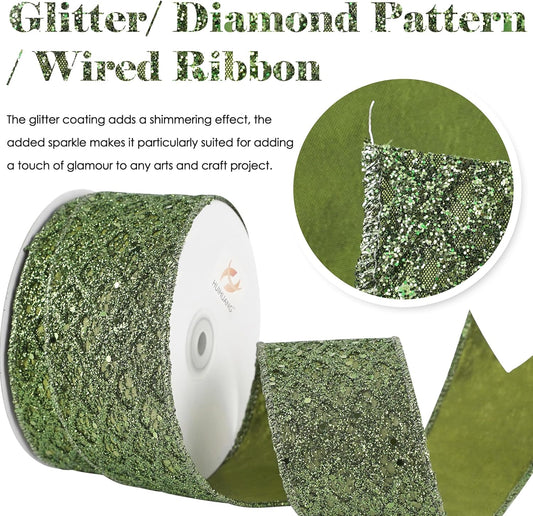 HUIHUANG Moss Green Wired Ribbon for Christmas Tree 2.5 inch Glitter Moss Diamond Mesh Ribbon for Tree Decoration, Wreaths, Garland, Gift Wrapping, Bows Making, Thanksgiving Decor -10 Yards - Crafty Corner