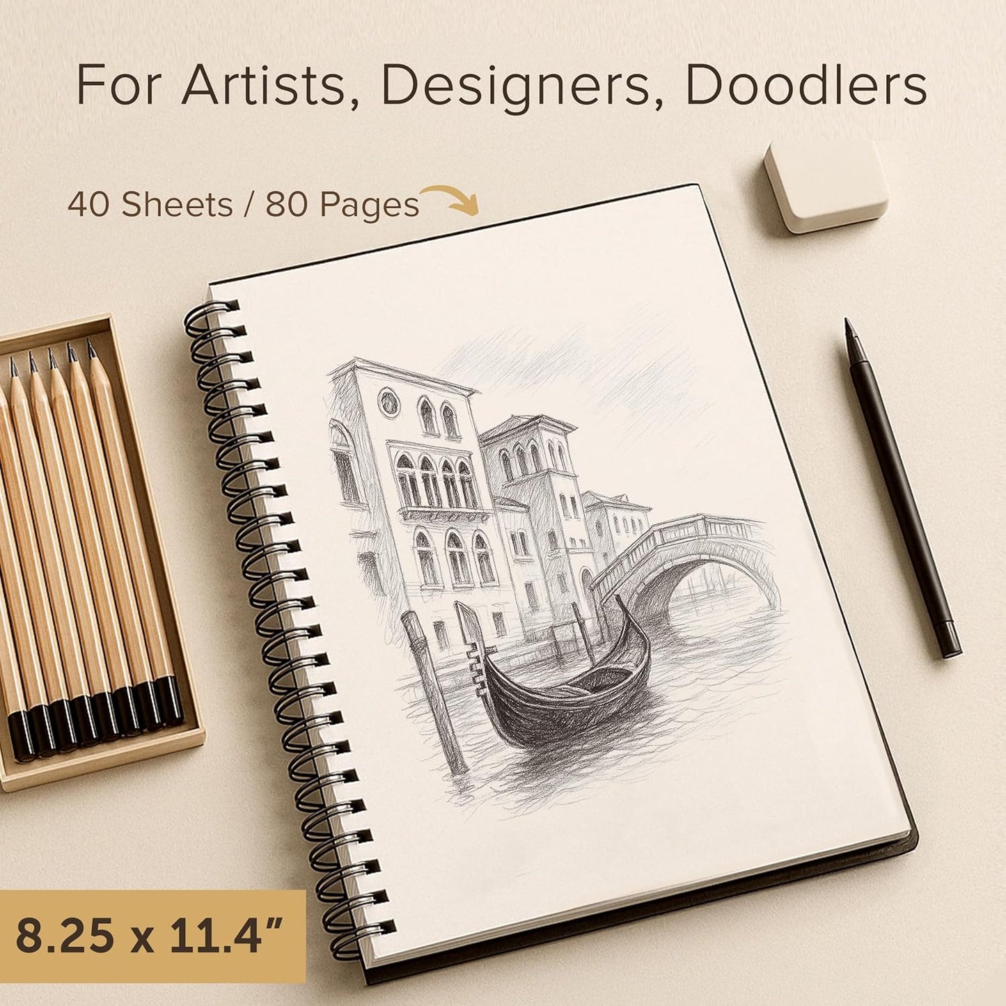 Artist’s Sketchbook Hardcover – 200GSM Very Thick Paper – Large, Spiral Sketch Book for Drawing and Mixed Media – Sketch Pad, Art Book - 8.25 x 11.4, 40 Sheets / 80 Pages - Crafty Corner