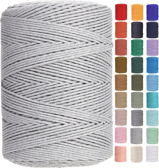 Cotton Macrame Cord 3mm x 546yards Natural Colored Macrame Supplies, Soft Craft Cotton Rope for Plant Hanger Wall Hanger Dreamcatcher (Light Grey)